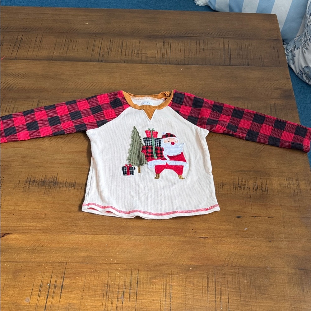 Mud Pie Plaid Sleeve Santa Kids Shirt